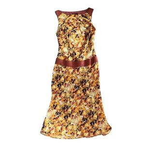 BCBG Silk floral Long Dress Aqua Brown Floral Drop waist size 4